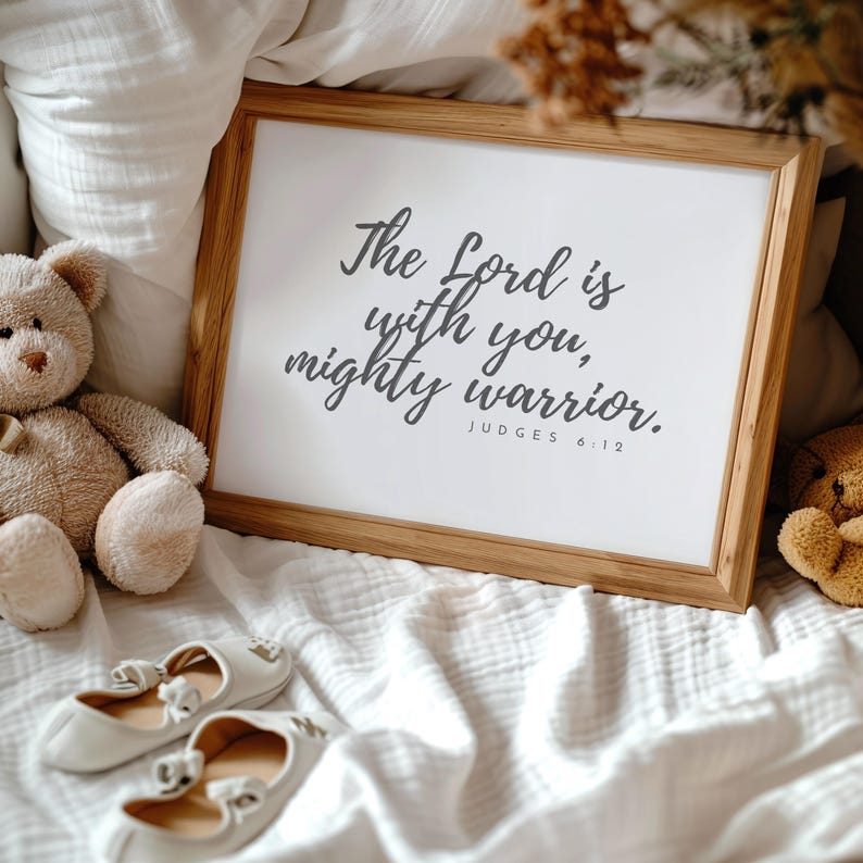 This Judges 6 12 printable says the Lord is with you Mighty Warrior. It is a Boho style print for wall decor in a Christian Baby Nursery. This Scripture Wall Art can also be used for Decorating a Kids Room, or as a baby shower or birthday gift!