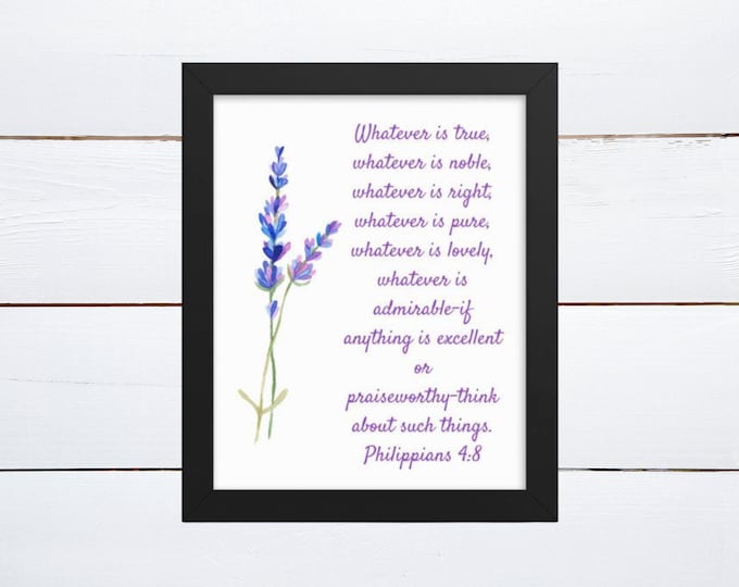 Whatever is True Wall Art, Religious Gifts for Mom, Encouragement Gift, Blue and Purple Bouquet, Framed Bible Verse, Philippians 4 8