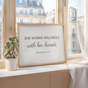 Proverbs 31 13 She Works Willingly with Her Hands Modern Christian Art Sewing or Craft Room Signs with Scripture Bible Verse Poster UNFRAMED
