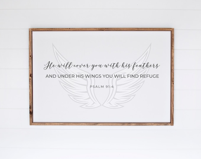 Angel Wings Wall Decor, He Will Cover You, Under His Wings You Will Find Refuge, Modern Christian Art, Psalm 91 4, Unframed Poster