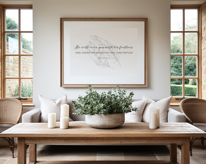 Psalms 91 He Will Cover You with His Feathers Bible Verse Poster UNFRAMED