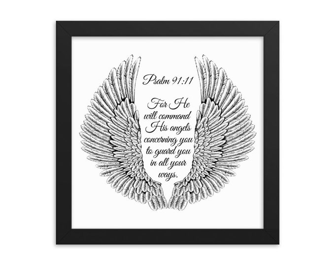 Angel Wings Wall Decor, Framed Bible Verse, Guardian Angel Gift, Black and White Square Print, Christian Signs, Psalm 91 Art Print