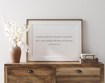 Proverbs 31 30 Christian Wall Art Large Scripture Prints for Woman Bedroom Charm is Deceptive Fear God Bible Verse Poster UNFRAMED