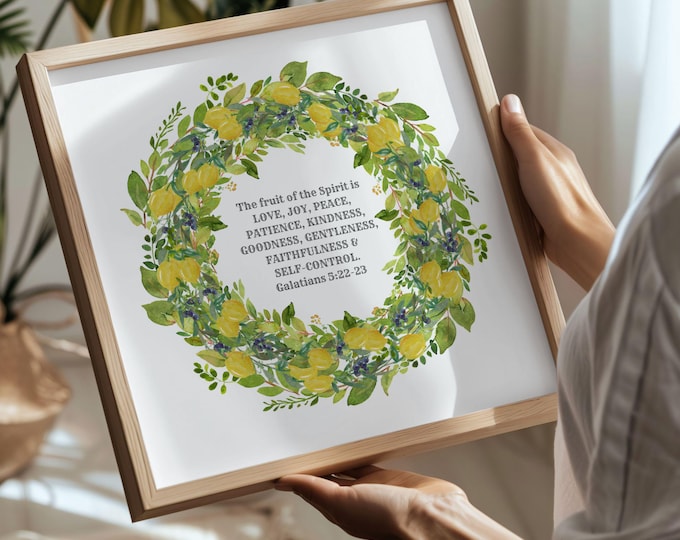 Fruits of the Spirit Lemon Wreath Galatians 5 22 23 Bible Verse Poster UNFRAMED