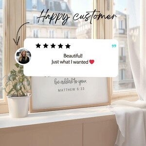 A happy customer left a 5 star review for this Matthew 6:33 Bible verse poster. She said Beautiful! Just what i wanted with a heart emoji.