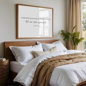 Poster con versetto biblico sopra il letto della camera da letto principale di Marco 10 e 9, SENZA CORNICE, regalo di nozze cristiano per coppia, decorazioni per la casa, regali di anniversario per lei