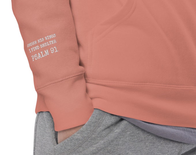 Psalms 91 Under His Wings You Will Find Refuge Embroidered Sleeve Christian Hoodie for Women