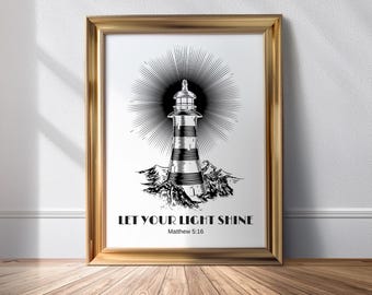Matthew 5 16 Let Your Light Shine Christianity Bible Verse Printable Black and White Coastal Lighthouse Wall Art for Beach House Decor