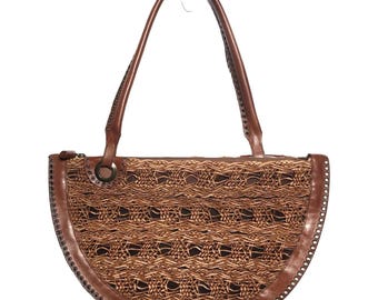 Vtg Y2K RODO Italy Boho Woven Leather Tote Brown Grommet Bag Italy 18x10 DAMAGED