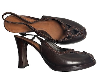 Vtg Y2K BCBG Max Azria Brown Leather Slingback Heels Made Italy EU 39.5 US 8.5