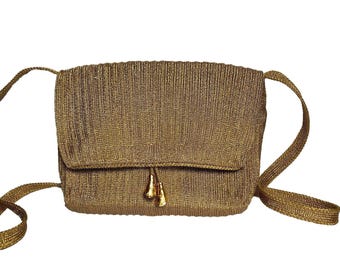 Vtg 90s Y2K Donna Karan Gold Metallic Knit Crossbody bag Evening purse Prom Glam