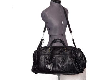 Vintage Leather Duffle Bag Grunge Black Patchwork Suede 12.5x24x6 XL Weekender