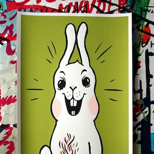 Ich bin schon da! - Sono già qui! - Grafica originale Siebdruck, Hase, Wandbild, Kaninchen, Tierbild, Kinderzimmer, Ostern, Überraschung
