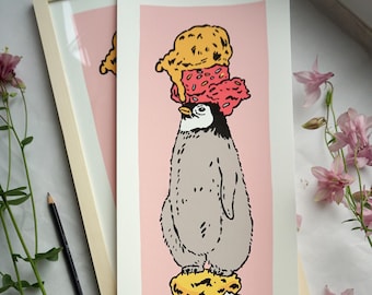 Queuing - is an original screen print graphic. With lots of ice cream scoops and a penguin.