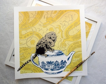 Lung Ching - is an original graphic, screen-printed in a limited edition, marmoset sits relaxed on a teapot.