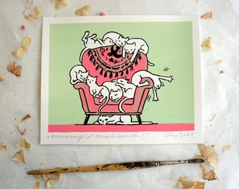 Loll around without restraint! - These cats on the sofa are an original screen print, a cat graphic