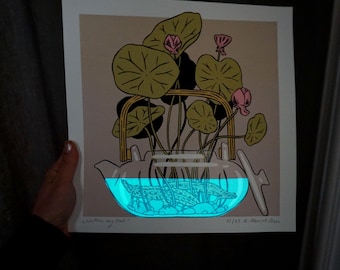 Water my soul - Screen Print Art – Newts in Teapot, Glow-in-the-Dark Water Rituals