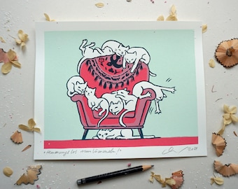 Loll around without restraint! - These cats on the sofa are an original screen print, a cat graphic, cat on a cautch