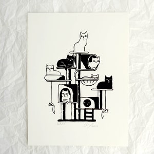 crowded cat tower original screen print graphic image 2