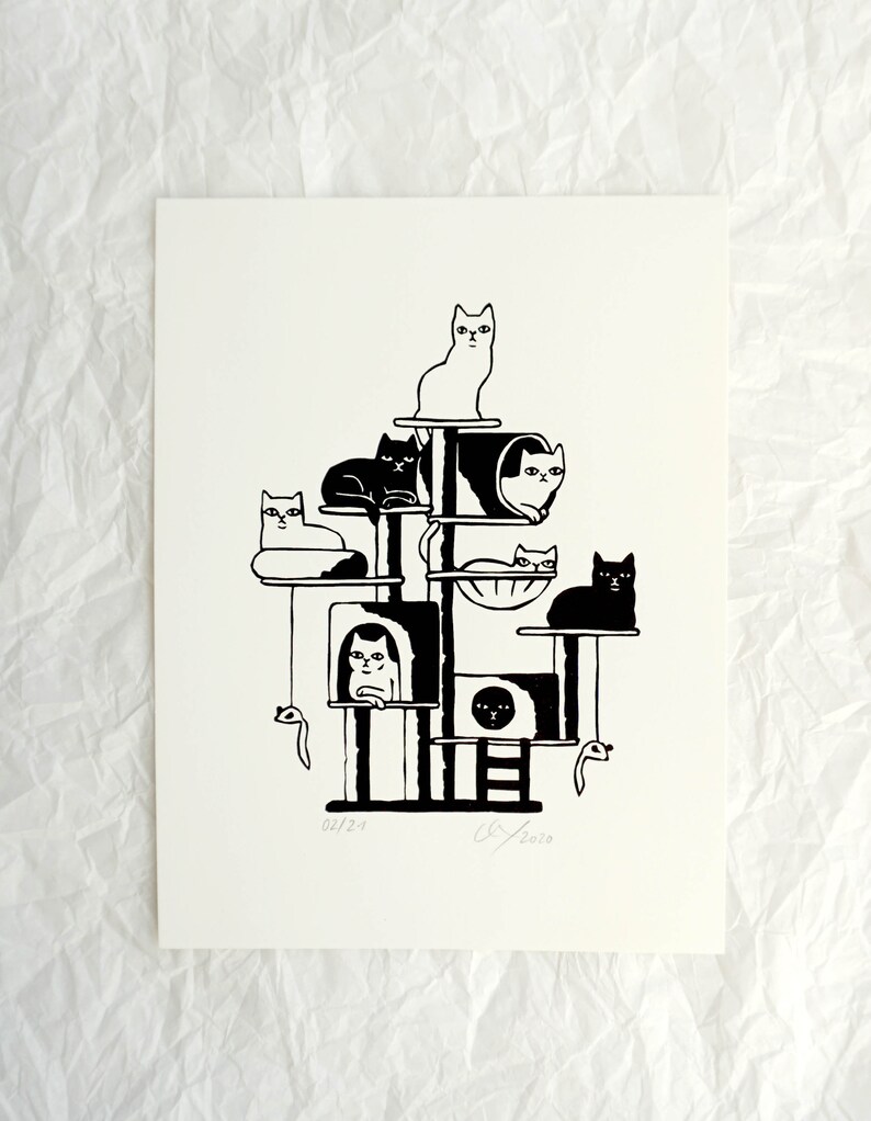 crowded cat tower original screen print graphic image 2