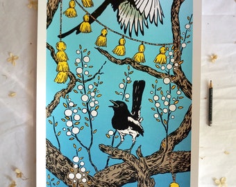 Springtime happiness - screen print graphic with magpies in cherry blossom