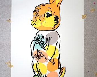 Bunte Eier mit Hase - Original Siebdruck Grafik