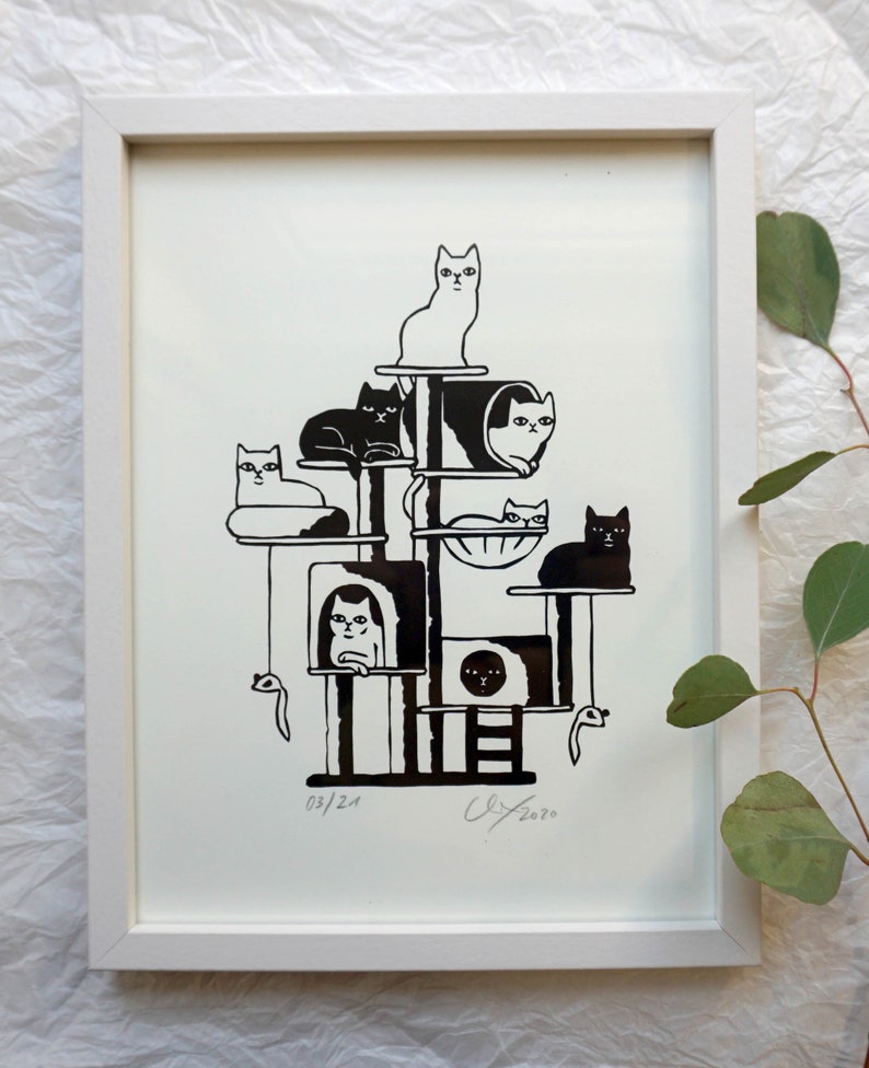 crowded cat tower original screen print graphic image 1