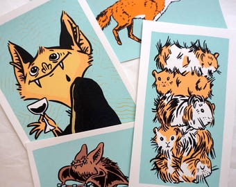 Hand-Printed Animal Cards – Fox, Guinea Pig Tower, Vampire Bat