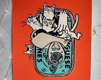 meeting - these cats in the fish tin are an original screen print, a cat graphic, screen print,