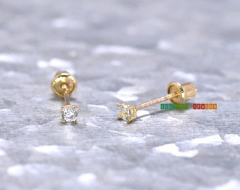 Soild Gold Earrings, 2mm Cubic Zirconia Screw Back Earrings, 14k Gold Screw Back Earrings, Toddlers Childrens Womens Stud Earrings Gold