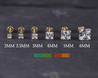 14K Solid Gold Princess Cut Square Cubic Zirconia Studs Earrings, Gold Screw Back Safety Back Earrings, Square Cubic Zirconia Earrings Gold