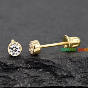 Tiny 3mm Cubic Zirconia Bezel Set Dainty Petite 14k Gold Studs Screwback Earrings Screw Safety Backing Everyday Jewelry