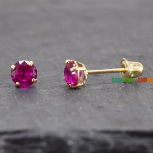 July Birthstone Earrings, Ruby CZ Stud Earrings, Solid Gold Screwback Earrings, Earrings for Girls, Gift for Children 14k Gold Earrings