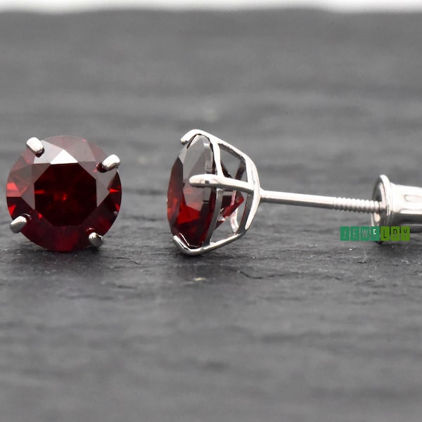 14K White Gold January Birthstone CZ Studs Screw Back Earrings | Simulated Garnet Red CZ Studs Earrings | Girls Womens Gold Earrings Gift