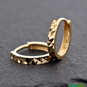Hammered Faceted Solid 14k Yellow Gold Huggie Hoop Earrings, 11.5mm Diameter Tiny Mini Gold Huggies Earrings Children Girl Women