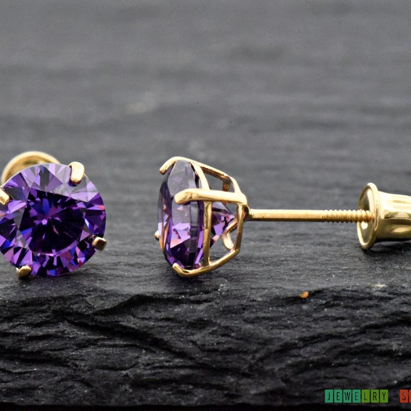 14k Gold Simulated Amethyst Cubic Zirconia February Birthstone Screw Back Studs Earrings, Amethyst CZ Studs Earrings 14k Gold Girls Womens