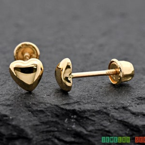 4mm Tiny Heart 14k Yellow Gold Screw Back Stud Earrings, Girls Children Womens Dainty High Polished Gold Heart Earrings