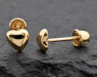 4mm Tiny Heart 14k Yellow Gold Screw Back Stud Earrings, Girls Children Womens Dainty High Polished Gold Heart Earrings