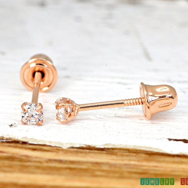 Solid 14k Rose Gold Stud Screw Back Clear Round Cubic Zirconia Basket Girls Children's Women's Earrings Pair 2mm 2.5mm 3mm 4mm 5mm 6mm 7mm