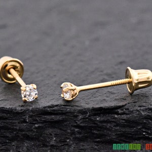 Tiny 2mm Round Cut or Princess Cut Square  High Quality Cubic Zirconia 4 Prong Set Solid 14k Yellow Gold Studs Screw Back Safety Earrings