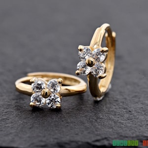 4 CZ Butterfly Center Solid 14k Yellow Gold Huggie Hoop Earrings, 10.5mm Diameter Tiny Mini Gold Huggies Earrings Children Girl Women