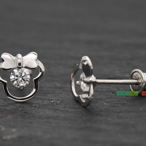 Solid 14k White Gold Mouse with Ribbon with Clear Cubic Zirconia Studs Screw Back Girls Kids Childrens Earrings Birthday Christmas Gift