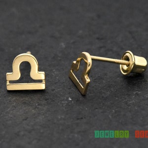 Libra Zodiac Sign Earrings, Horoscope 14k Gold Studs Screw Back Earrings, September 23 October 22 Birth Date, Air Element, Venus Sign image 2