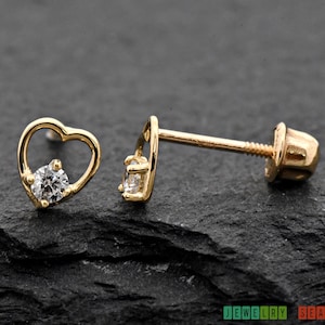 5mm Tiny Open Heart with 2mm Clear Round Cubic Zirconia 14k Yellow Gold Screw Back Stud Earrings, Girls Children Womens Heart Earrings