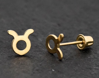 Taurus Zodiac Sign Earrings, Horoscope 14k Gold Studs Screw Back Earrings, April 20 - May 20 Birth Month The Bull Earrings, Zodiac Earrings