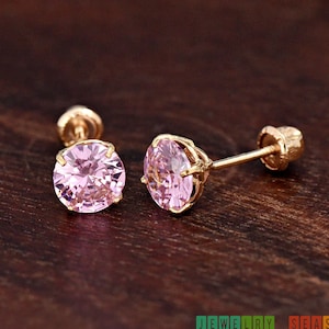 Girls Gold Earrings, Studs Earrings, Screwback Earrings Gold, 2mm 3mm 4mm 5mm Simulated October Birthstone Pink CZ 14k Gold Earrings