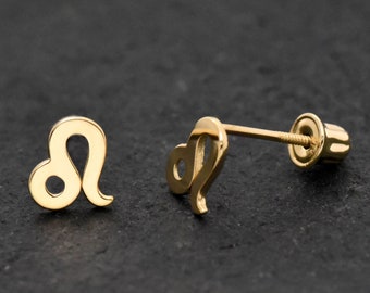 Leo Zodiac Sign Earrings, Horoscope 14k Gold Studs Screw Back Earrings, July 23 - August 22 Birth Date, Sun Fire Element, Lion Sign