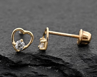 5mm Tiny Open Heart with 2mm Clear Round Cubic Zirconia 14k Yellow Gold Screw Back Stud Earrings, Girls Children Womens Heart Earrings