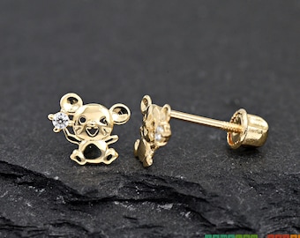 Solid 14k Yellow Gold Dainty Tiny 6mm Wink Smile Mouse with 1.5mm Clear CZ Stud Earrings Screw Back Girls Children's Teens Womens