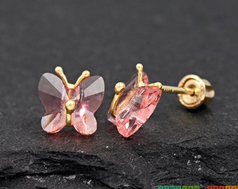 Solid 14k Yellow Gold Dainty Small Pink Butterfly Cubic Zirconia Screw Back Stud Earrings Girls Children's Teens Womens, Gift for Girls